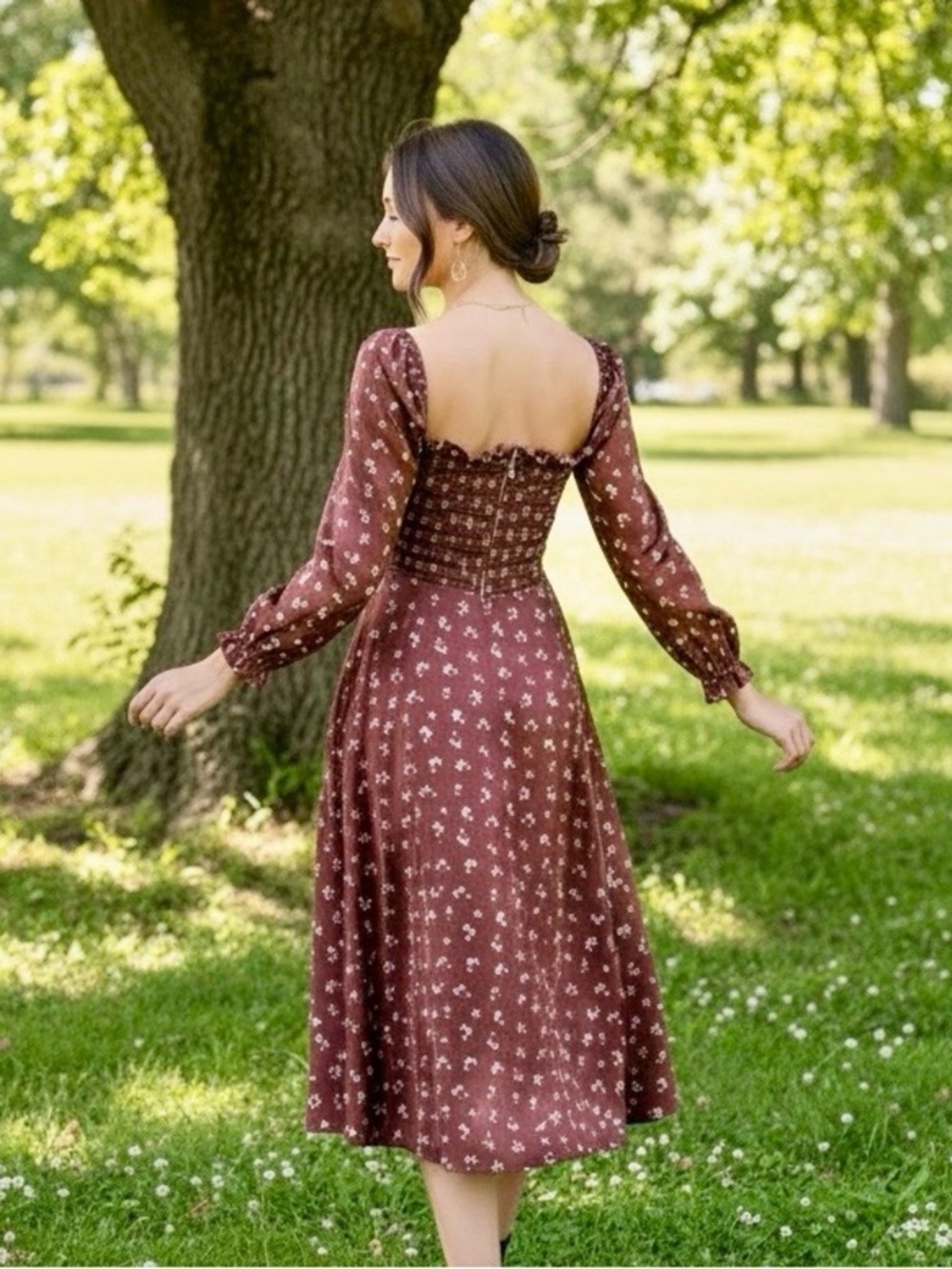 SHEIN Floral Ditsy Smocked Square-Neck Midi Dress - Picture 9 of 11